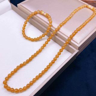 天然和田玉新疆且末糖玉糖料圆珠约6mm项链银毛衣链手链三用@3782